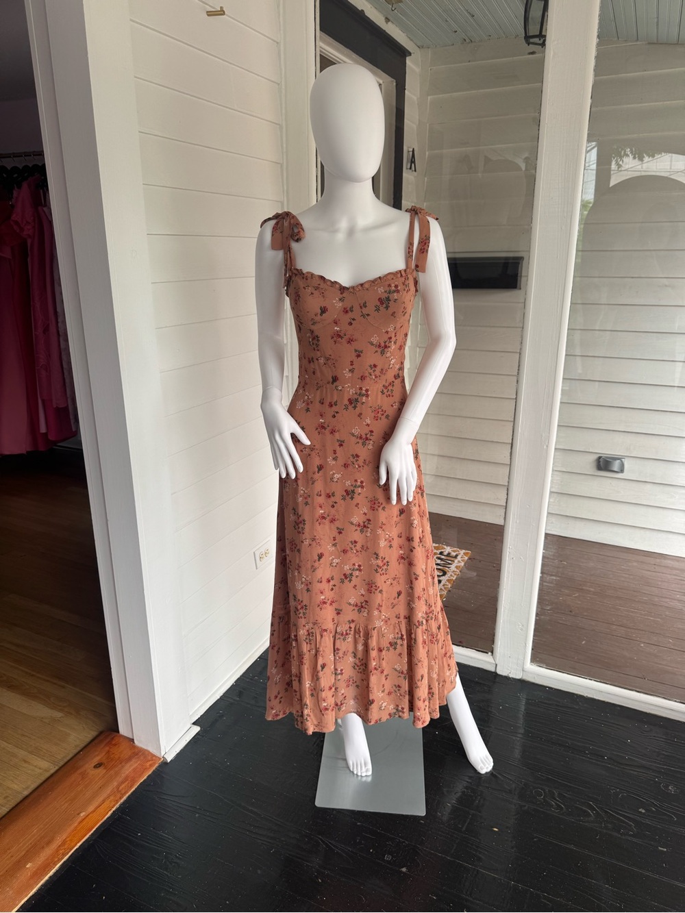 REFORMATION Floral Tie-Shoulder Midi Dress in Rose